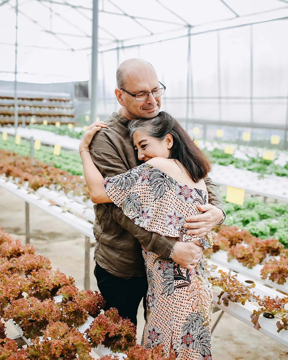 A couple hugs affectionately in a greenhouse filled with various plants and natural light